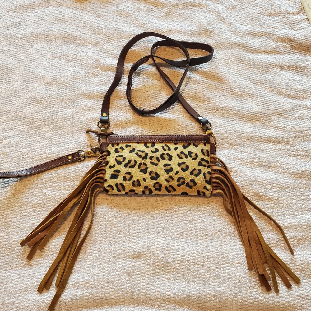 American Darling Leopard Cowhide Fringe Crossbody Bag Brown Leather Western Sz S